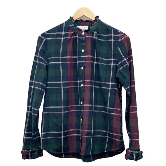 Trovata Birds of Paradis Caroline Ruffle Cuff Blouse Wine Navy Plaid Size Small - Picture 2 of 12